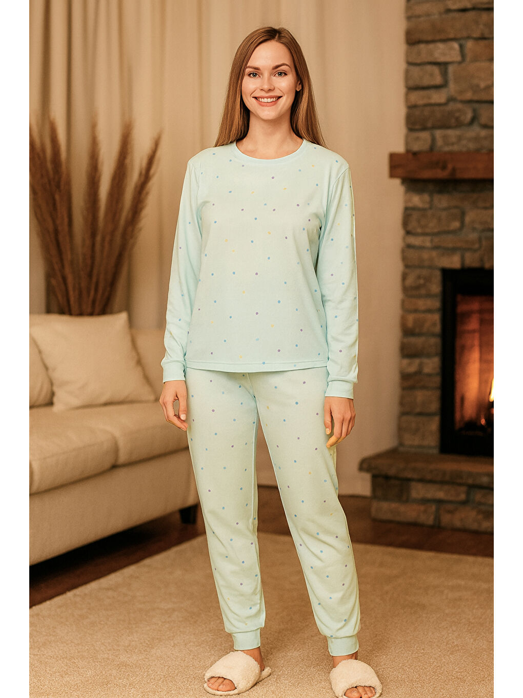 Yeşil Kadın Puantiye Desen Comfort Pijama Takımı 0499 Mint-2