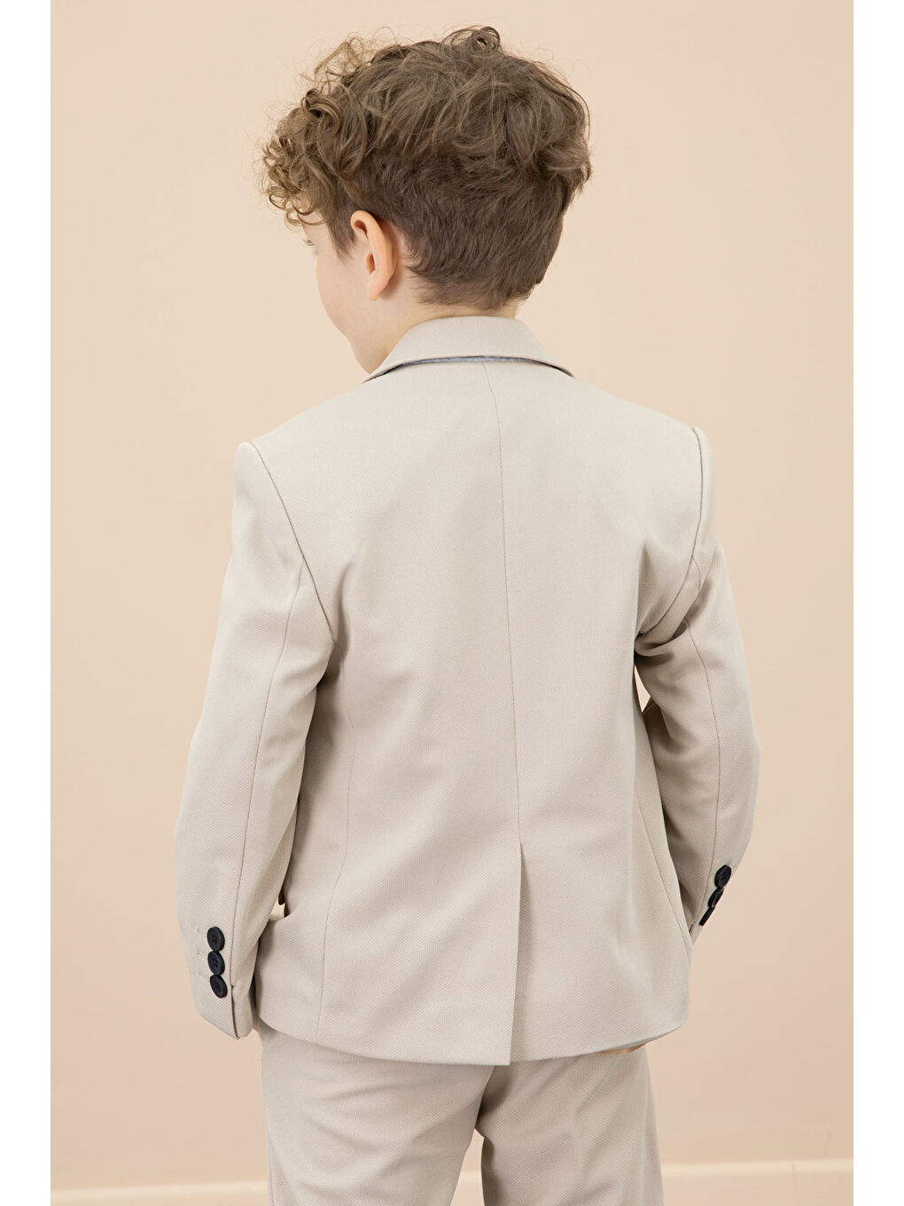 Bej Düğmeli Ceketli Basic Tişörtlü Erkek Çocuk Pantolonlu 3lü Takım Elbise 20721-4