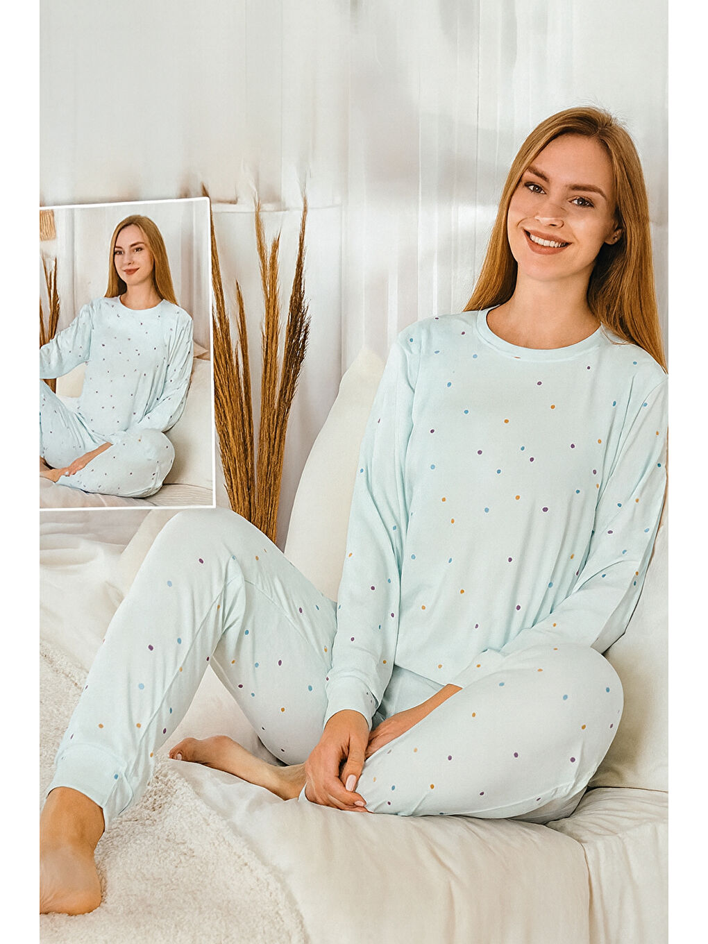 Yeşil Kadın Puantiye Desen Comfort Pijama Takımı 0499 Mint-3