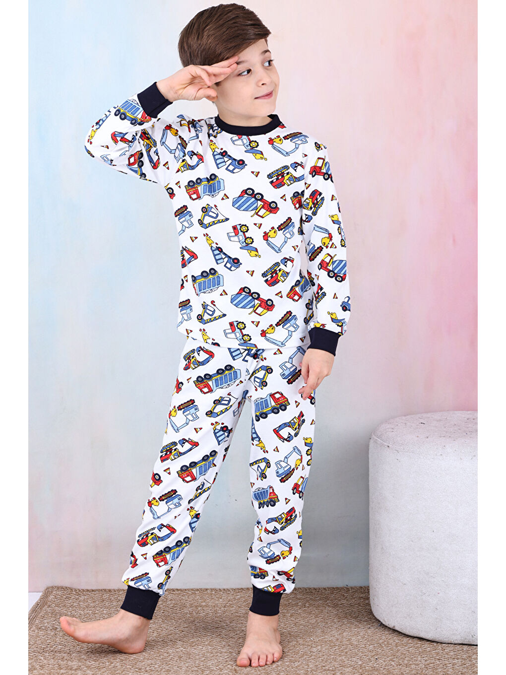 Beyaz Erkek Çocuk İş Makineleri Baskılı Pijama Takımı 1-7 Yaş 12291