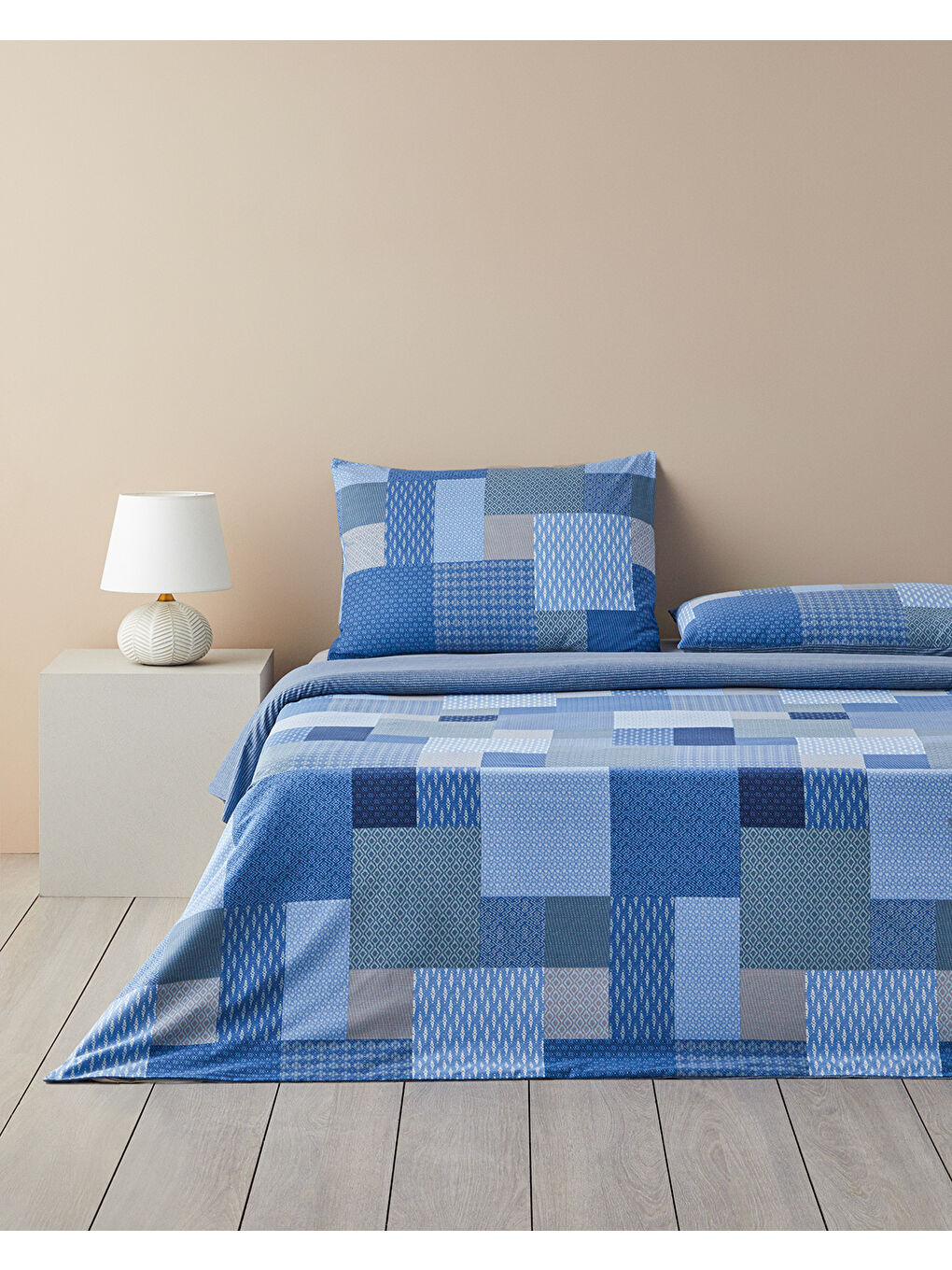Modern Patch Pamuklu Ranforce Çift Kişilik Nevresim Takımı 200x220 cm Mavi