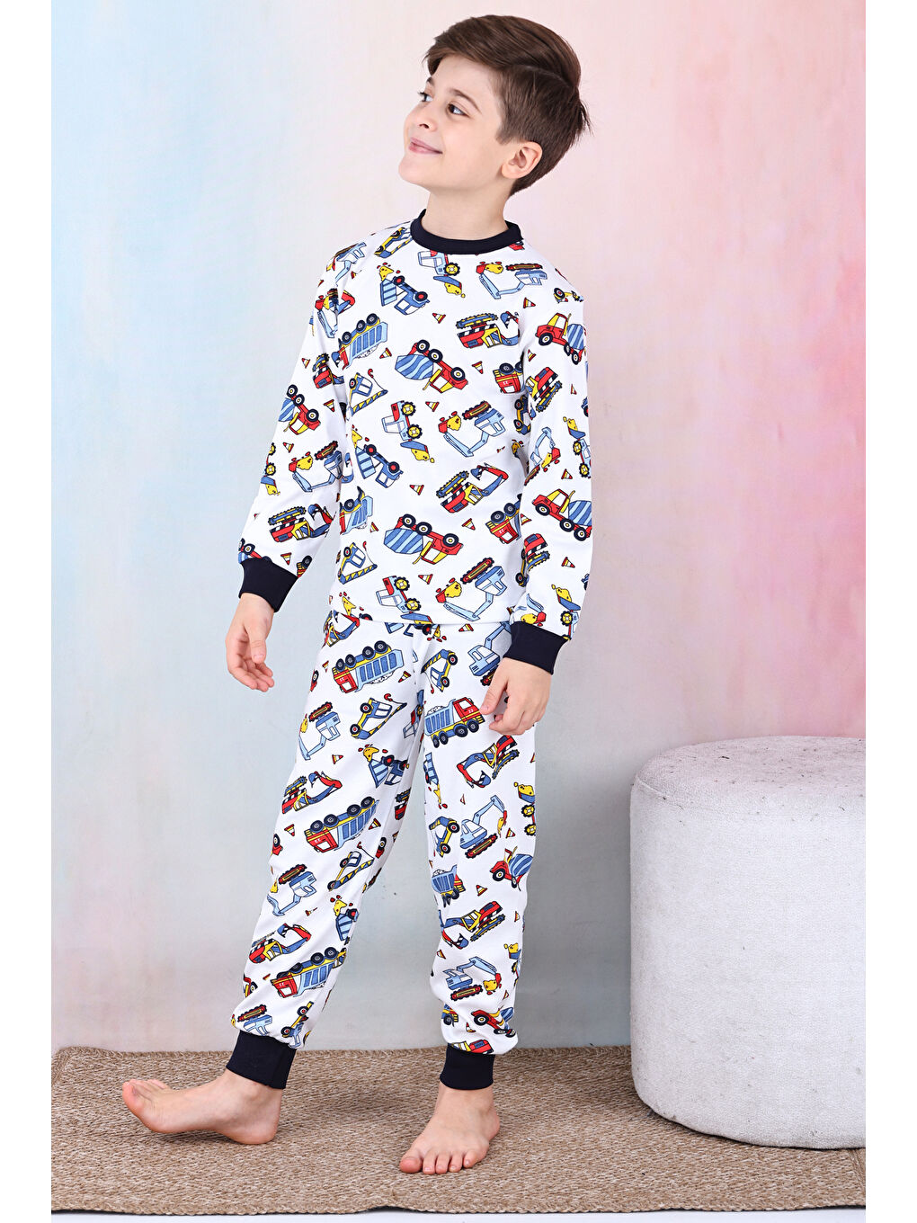 Beyaz Erkek Çocuk İş Makineleri Baskılı Pijama Takımı 1-7 Yaş 12291-1