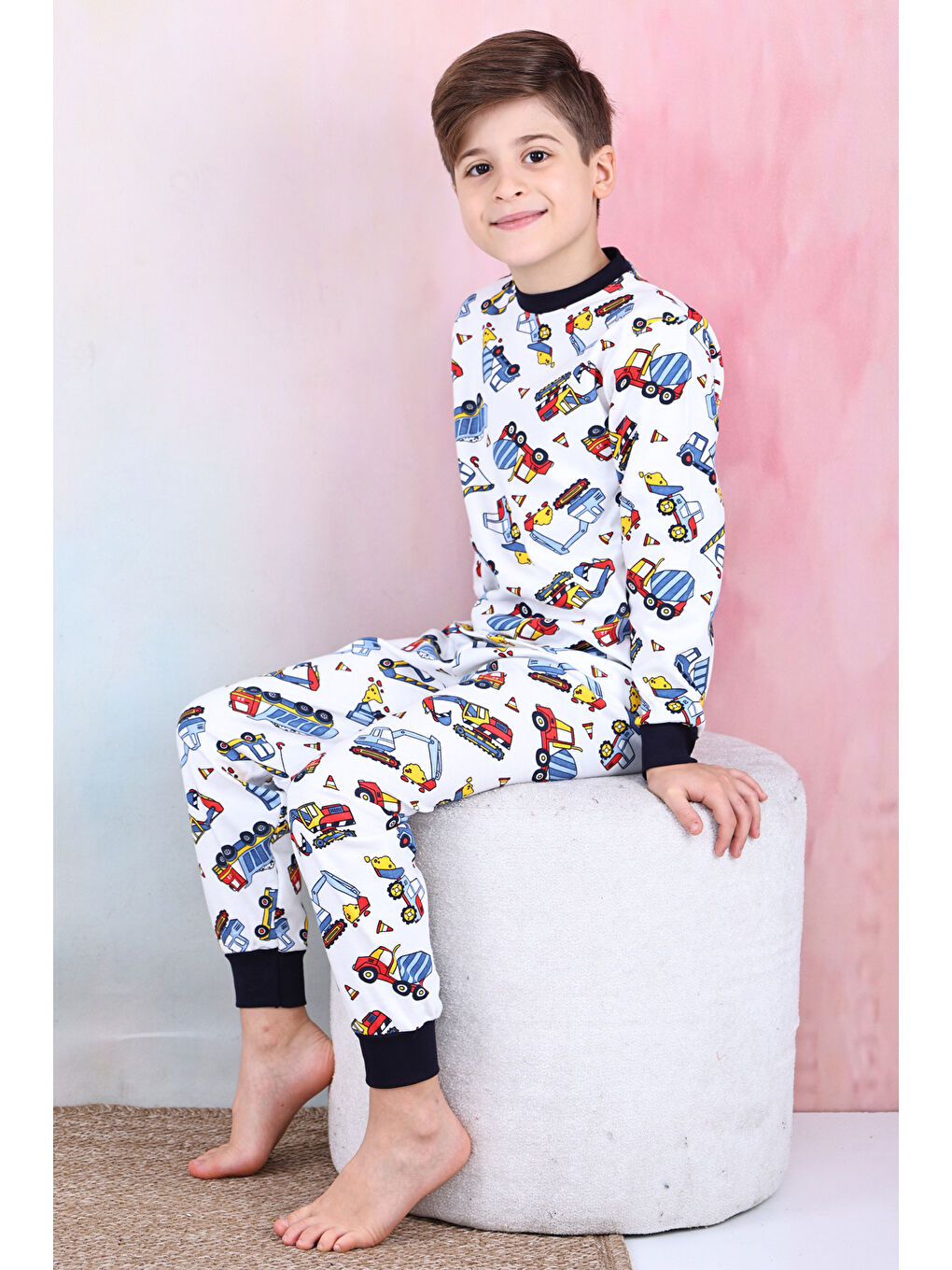 Beyaz Erkek Çocuk İş Makineleri Baskılı Pijama Takımı 1-7 Yaş 12291-2