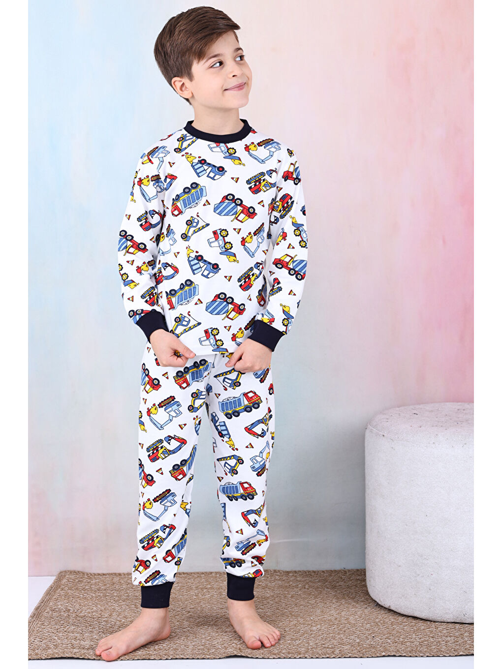 Beyaz Erkek Çocuk İş Makineleri Baskılı Pijama Takımı 1-7 Yaş 12291-3