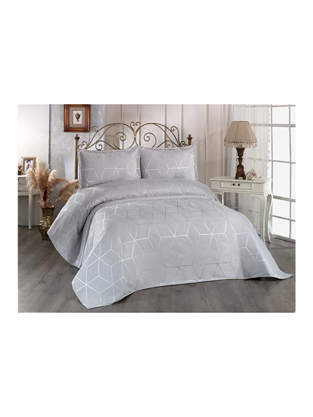 Karışık Verona 3 Parça Çift Kişilik Yatak Örtüsü Gri-1
