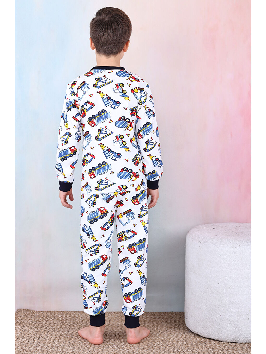 Beyaz Erkek Çocuk İş Makineleri Baskılı Pijama Takımı 1-7 Yaş 12291-4
