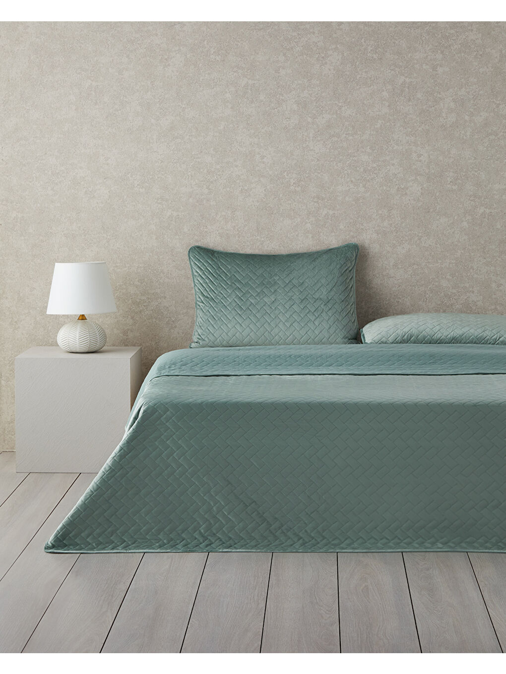 Wicker Kadife Çift Kişilik Yatak Örtüsü Takımı Yeşil