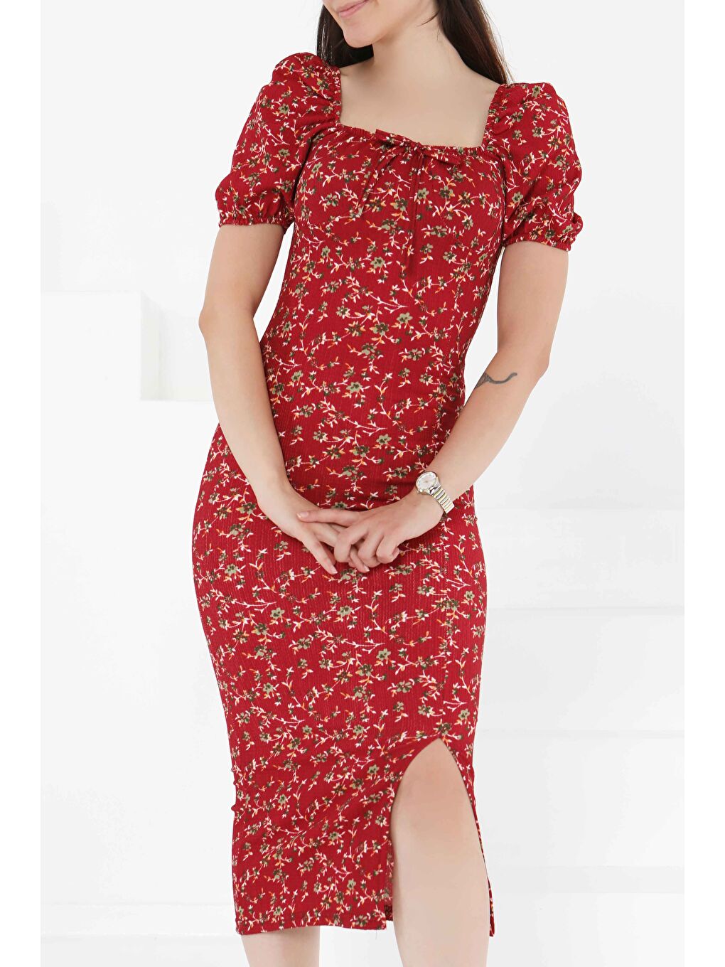 Prenses Kol Yırtmaçlı Elbise Bordo - 27393-1