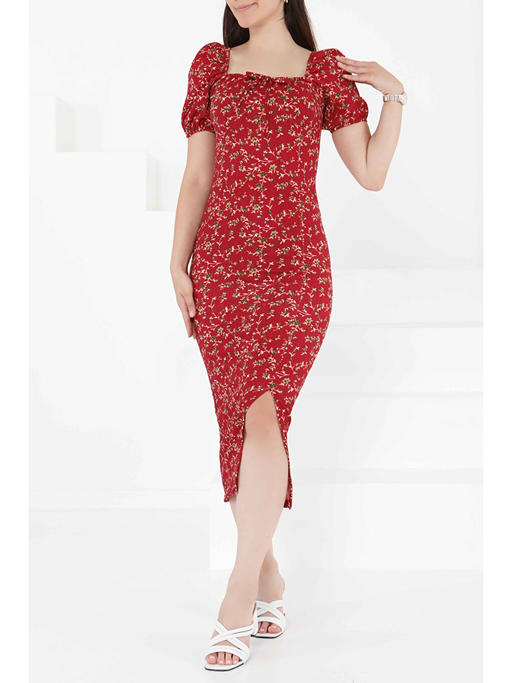 Prenses Kol Yırtmaçlı Elbise Bordo - 27393-2