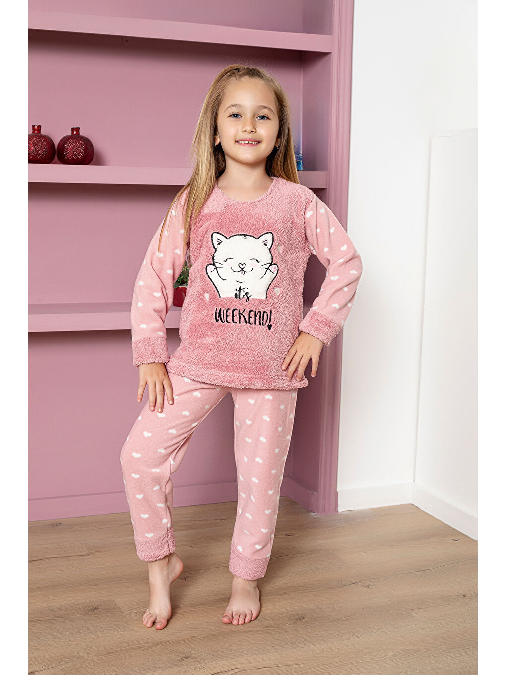 Pembe Kız Çocuk Welsoft Kumaş-Göz Bantlı Kedi ve Kalp Baskılı Pijama Takımı 12289-1