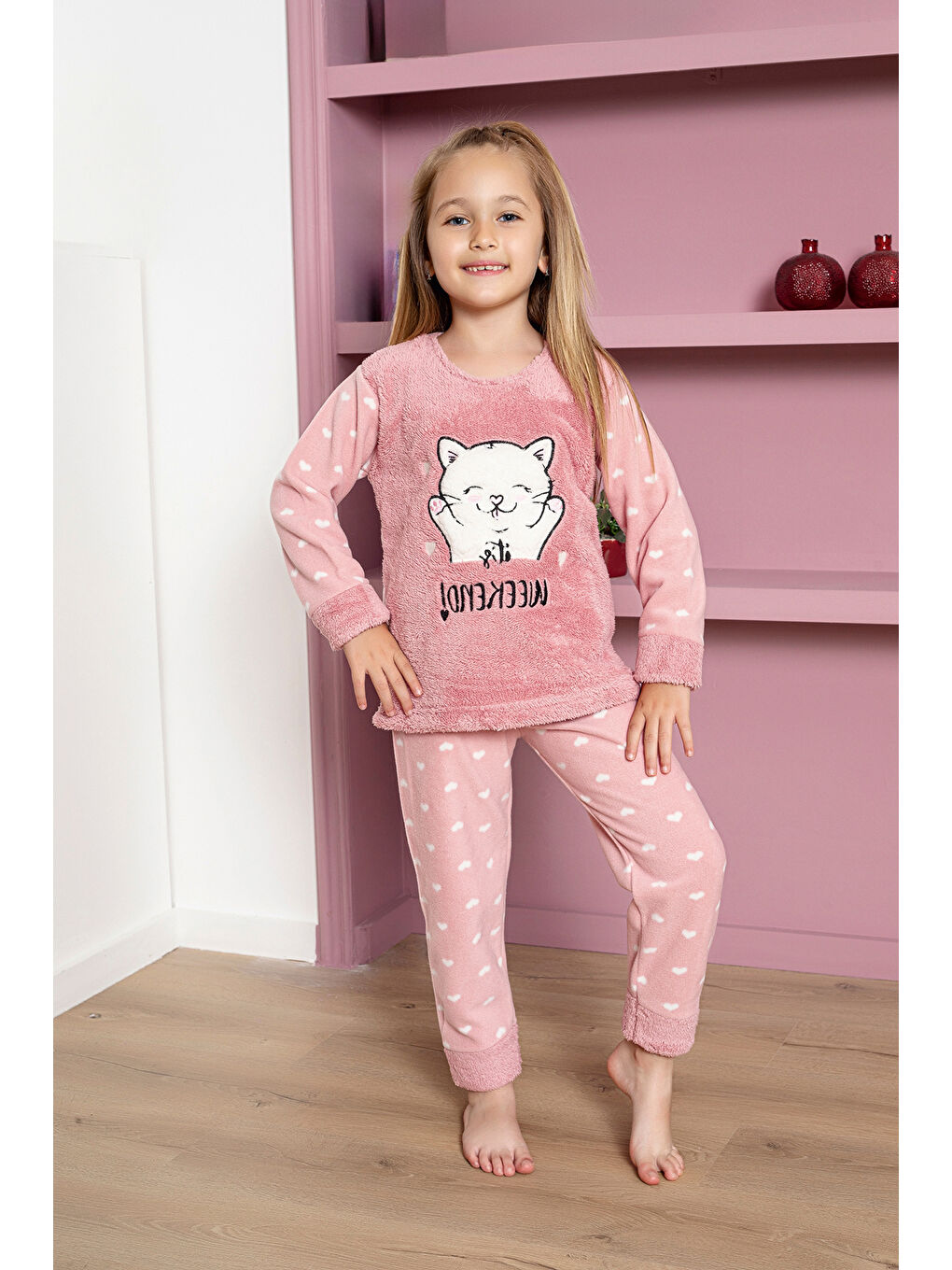 Pembe Kız Çocuk Welsoft Kumaş-Göz Bantlı Kedi ve Kalp Baskılı Pijama Takımı 12289-3