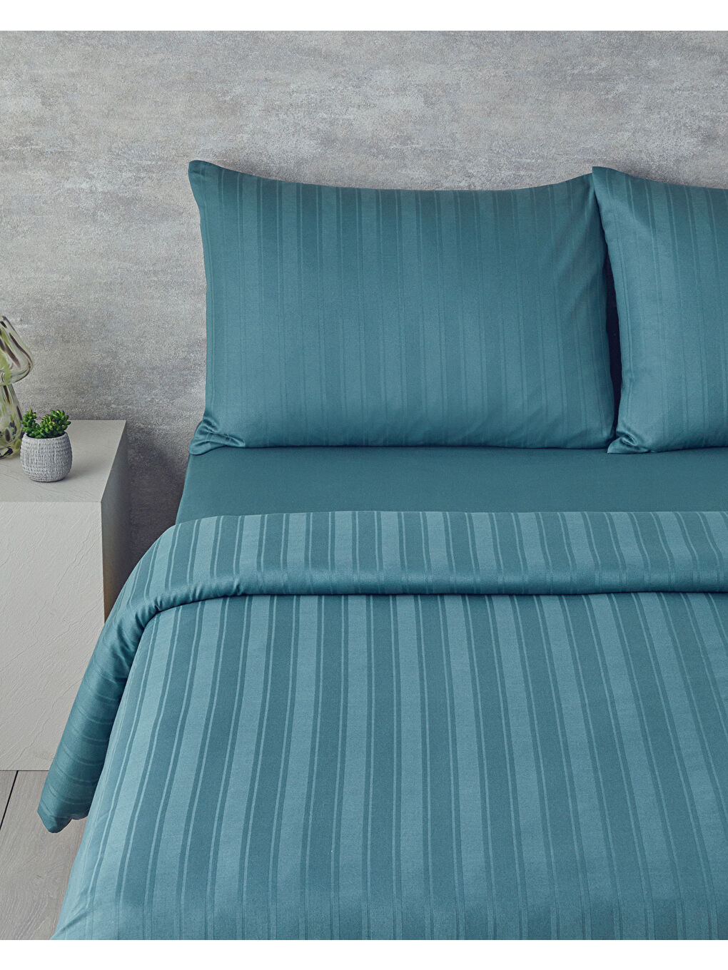 Lior Çizgili Pamuk Saten Çift Kişilik Nevresim Takımı Yeşil-1