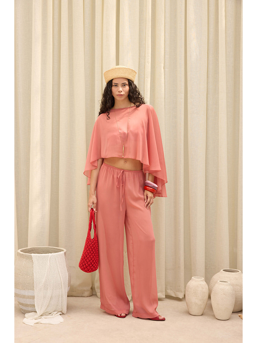 Kahverengi Charm Salaş Tarçın Crop Pantolon Takım-1