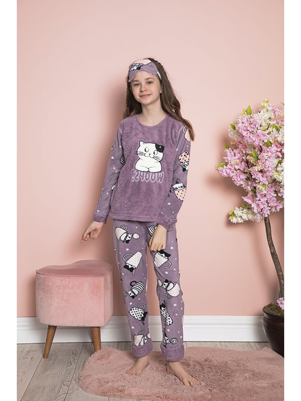 Lila Kız Çocuk Welsoft Kumaş-Göz Bantlı Kedicik Baskılı Pijama Takımı 12282