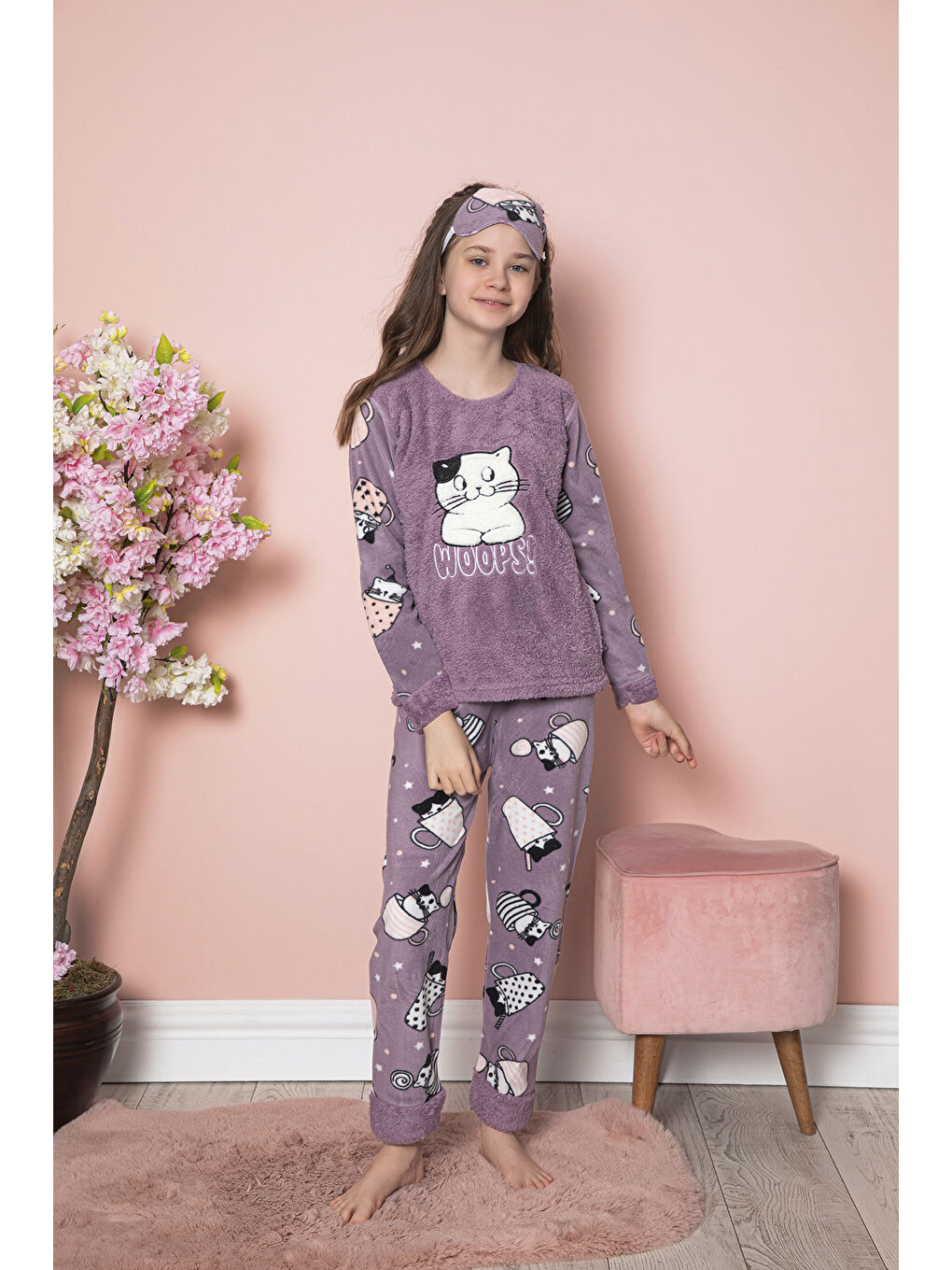 Lila Kız Çocuk Welsoft Kumaş-Göz Bantlı Kedicik Baskılı Pijama Takımı 12282-1