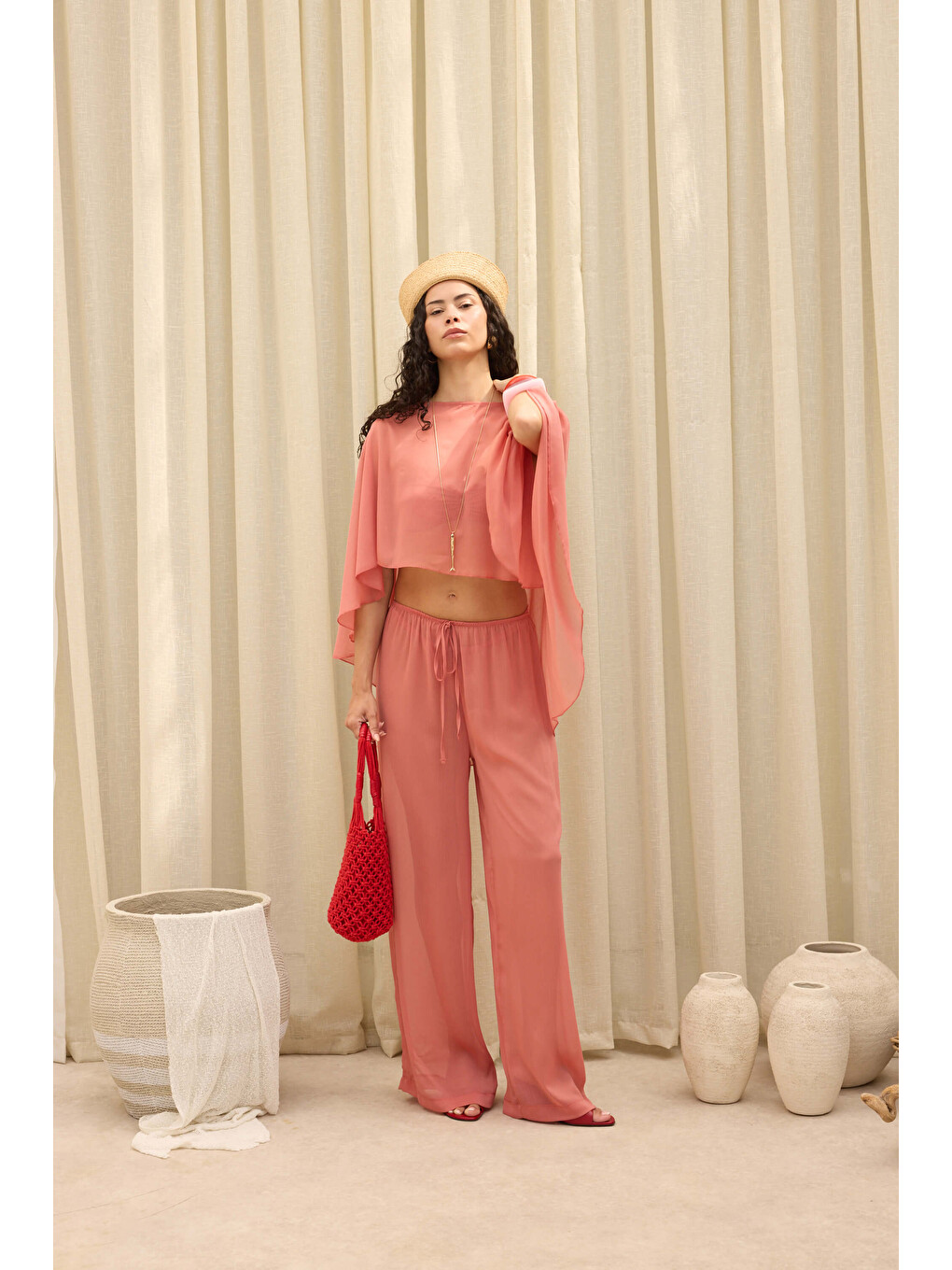 Kahverengi Charm Salaş Tarçın Crop Pantolon Takım-5