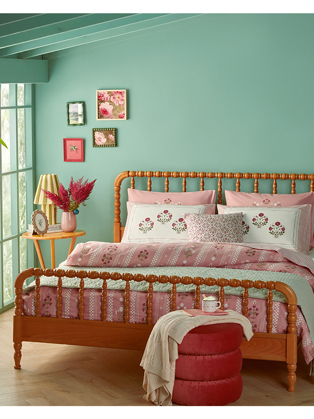 Retro Flower Pamuklu Ranforce Çift Kişilik Nevresim Seti 200x220 cm Pembe