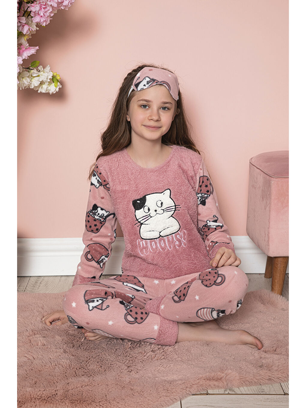 Pembe Kız Çocuk Welsoft Kumaş-Göz Bantlı Kedicik Baskılı Pijama Takımı 12282-1