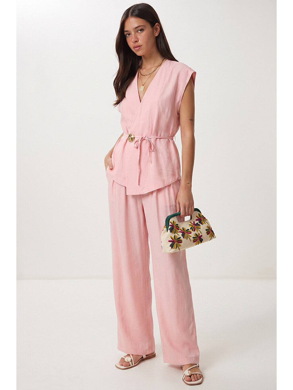 Pembe Gold Düğmeli Modal Alt-Üst Takım ŞEKER PEMBE LUB0372-1