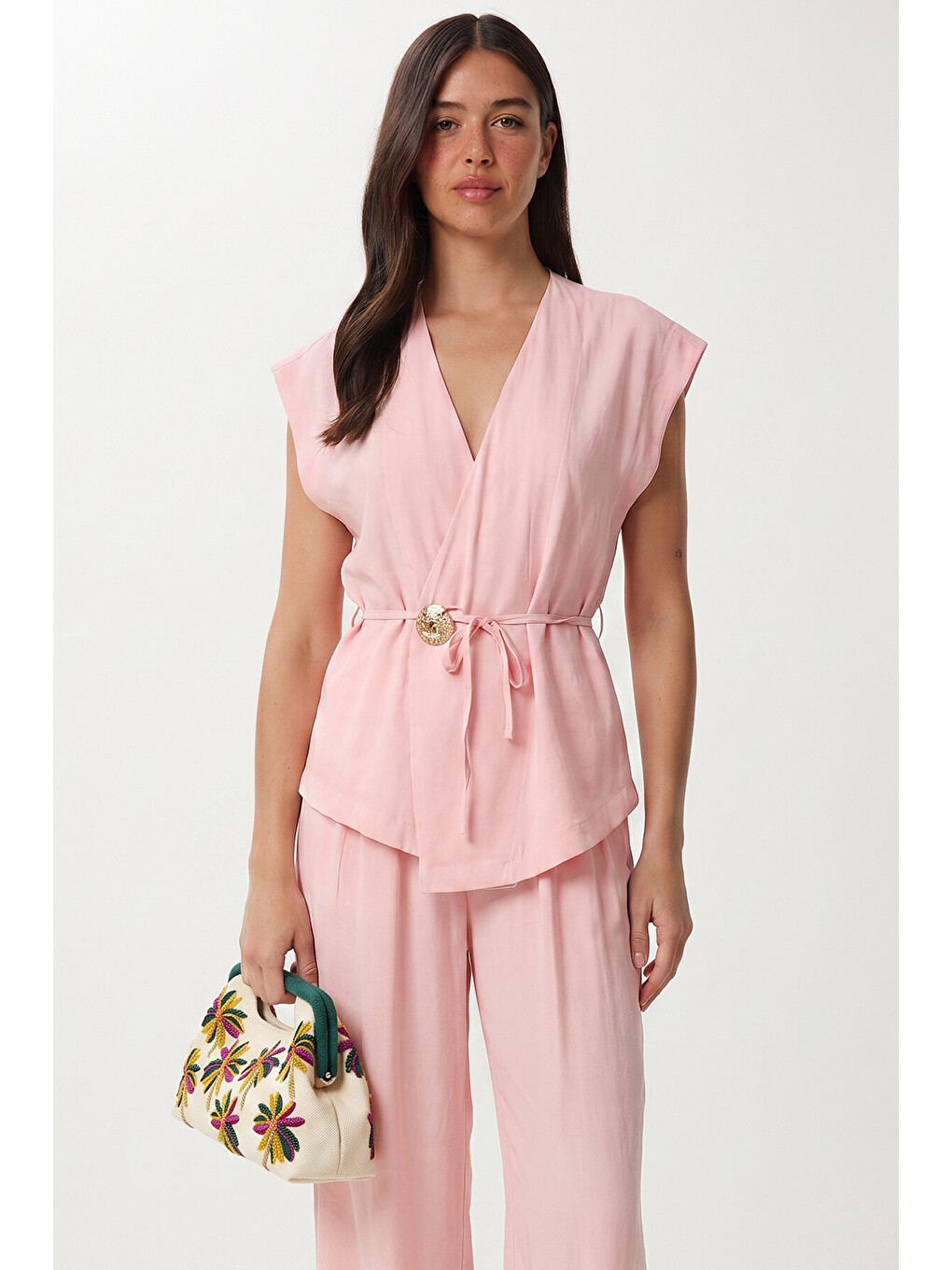 Pembe Gold Düğmeli Modal Alt-Üst Takım ŞEKER PEMBE LUB0372-2