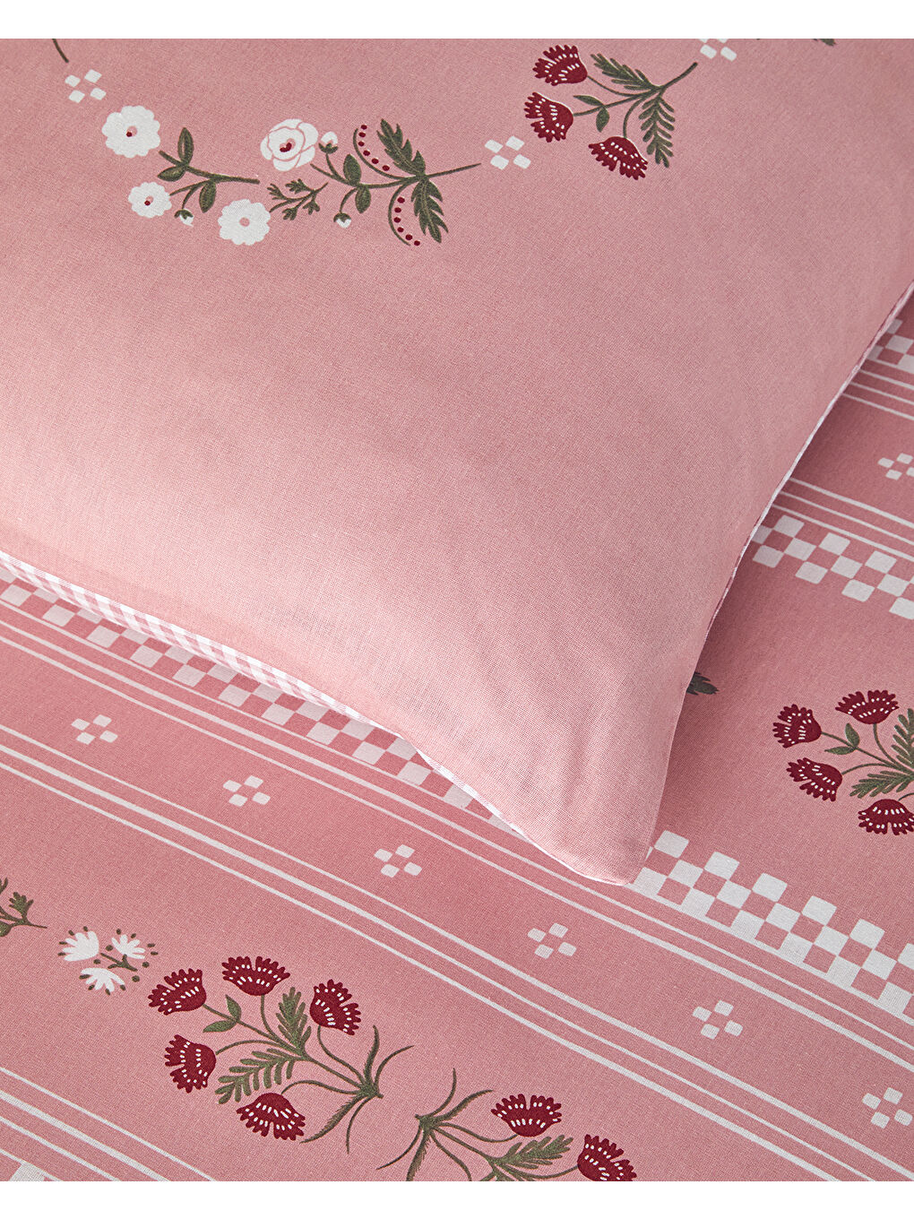 Retro Flower Pamuklu Ranforce Çift Kişilik Nevresim Seti 200x220 cm Pembe-4
