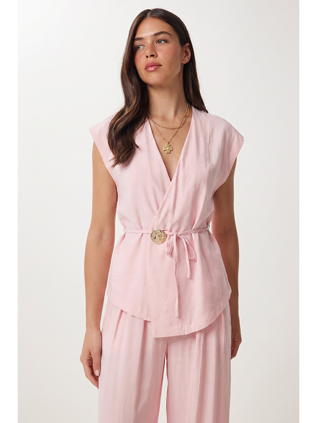 Pembe Gold Düğmeli Modal Alt-Üst Takım ŞEKER PEMBE LUB0372-3