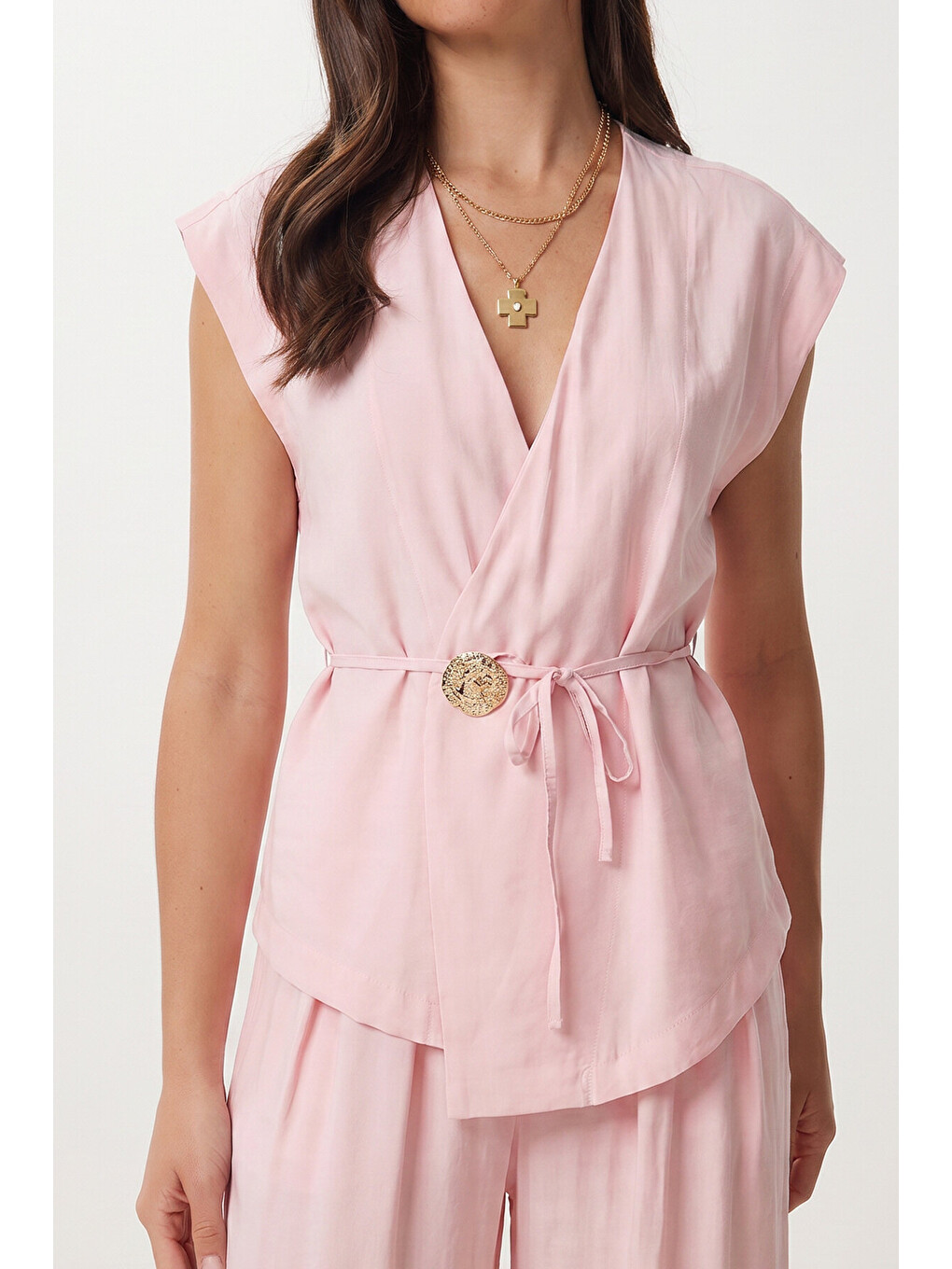 Pembe Gold Düğmeli Modal Alt-Üst Takım ŞEKER PEMBE LUB0372-4