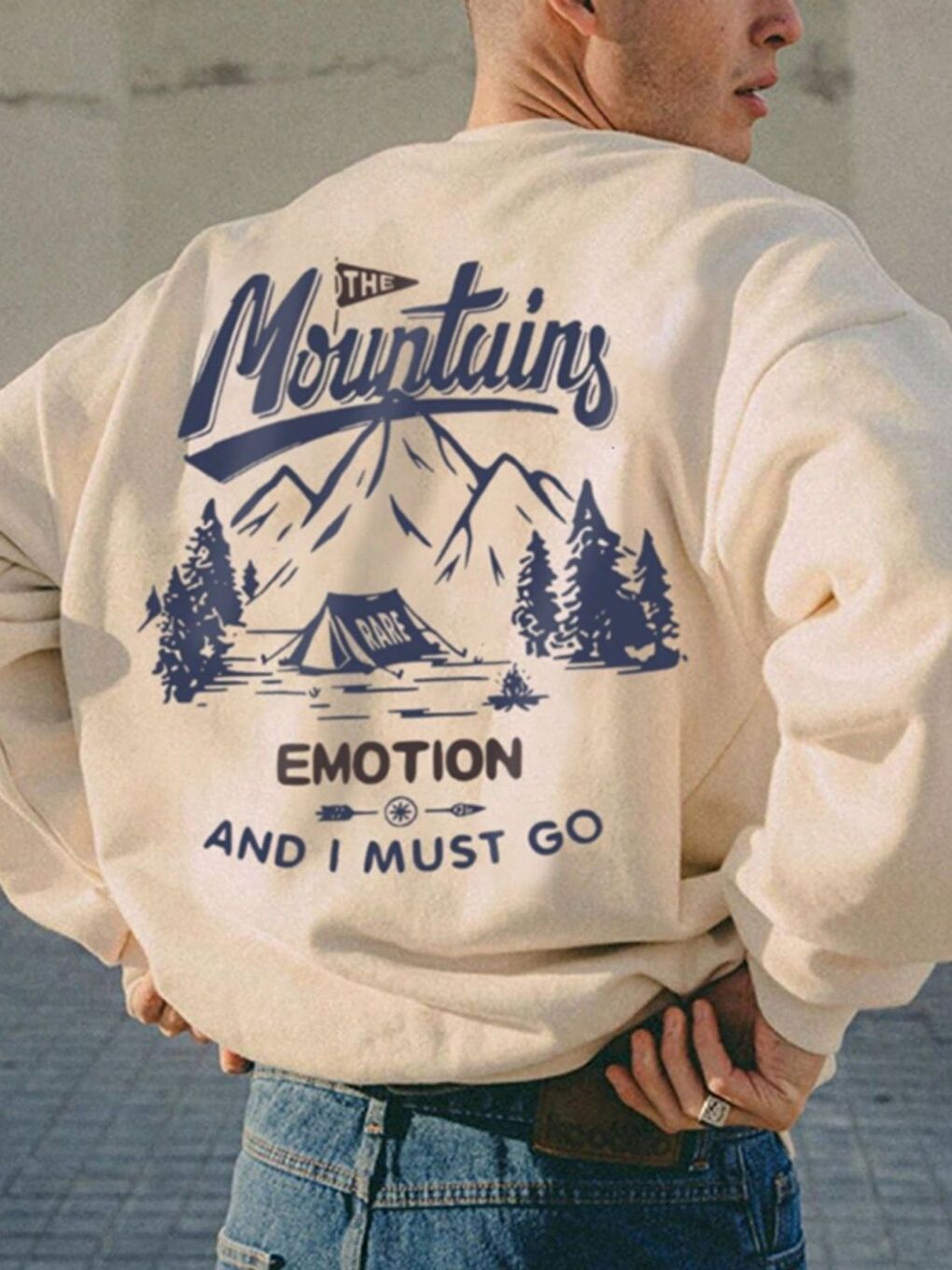 Erkek Bej Mountains EMOTİON Baskılı Oversize Bisiklet Yaka Uzun Kollu Sweatshirt