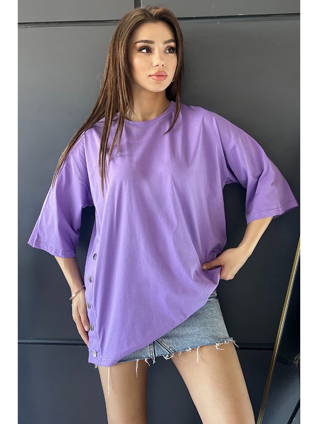 GÜLSELİ Lila Yan Çıtçıtlı Oversize Tişört ( S-m-l-xl Uyumludur)