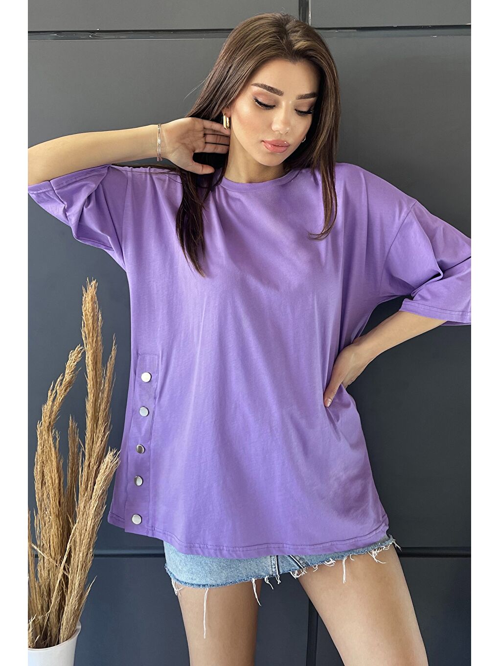 GÜLSELİ Lila Yan Çıtçıtlı Oversize Tişört ( S-m-l-xl Uyumludur) - 1