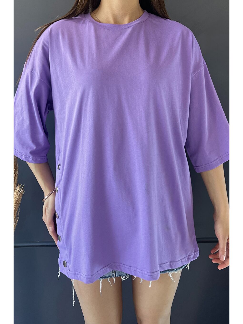 GÜLSELİ Lila Yan Çıtçıtlı Oversize Tişört ( S-m-l-xl Uyumludur) - 2