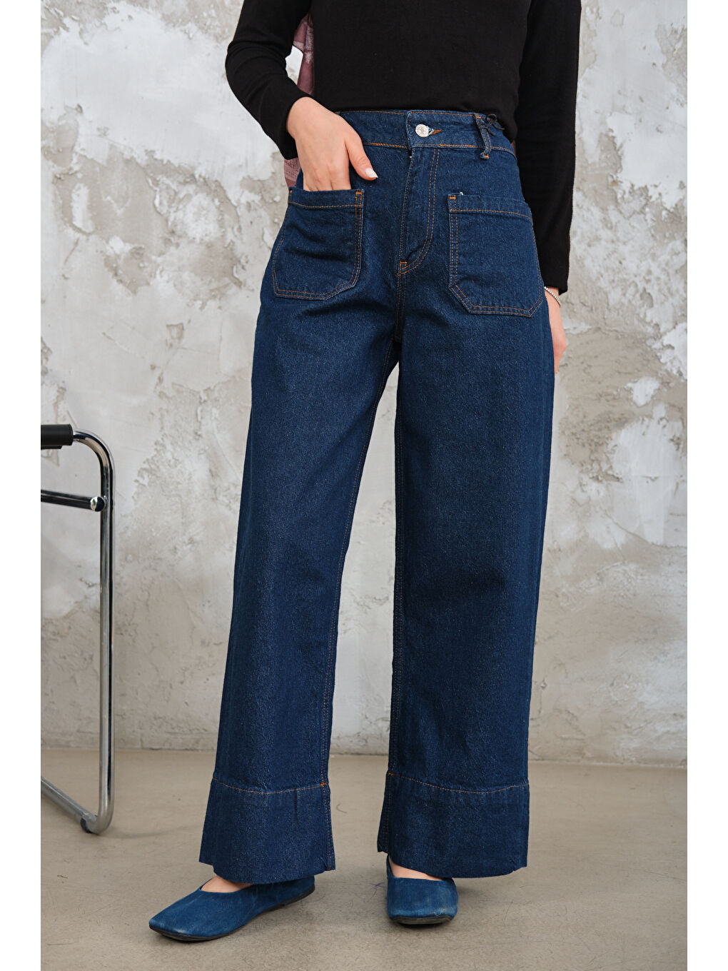Kadın Dikiş Detay Jean Pantolon Lacivert-4
