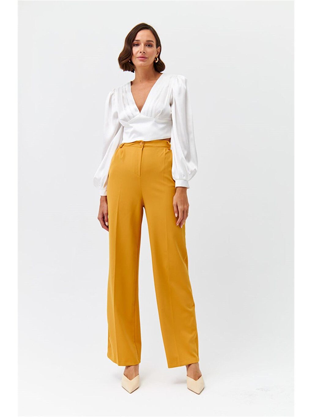 Sarı Pileli Palazzo Hardal Kadın Pantolon-1