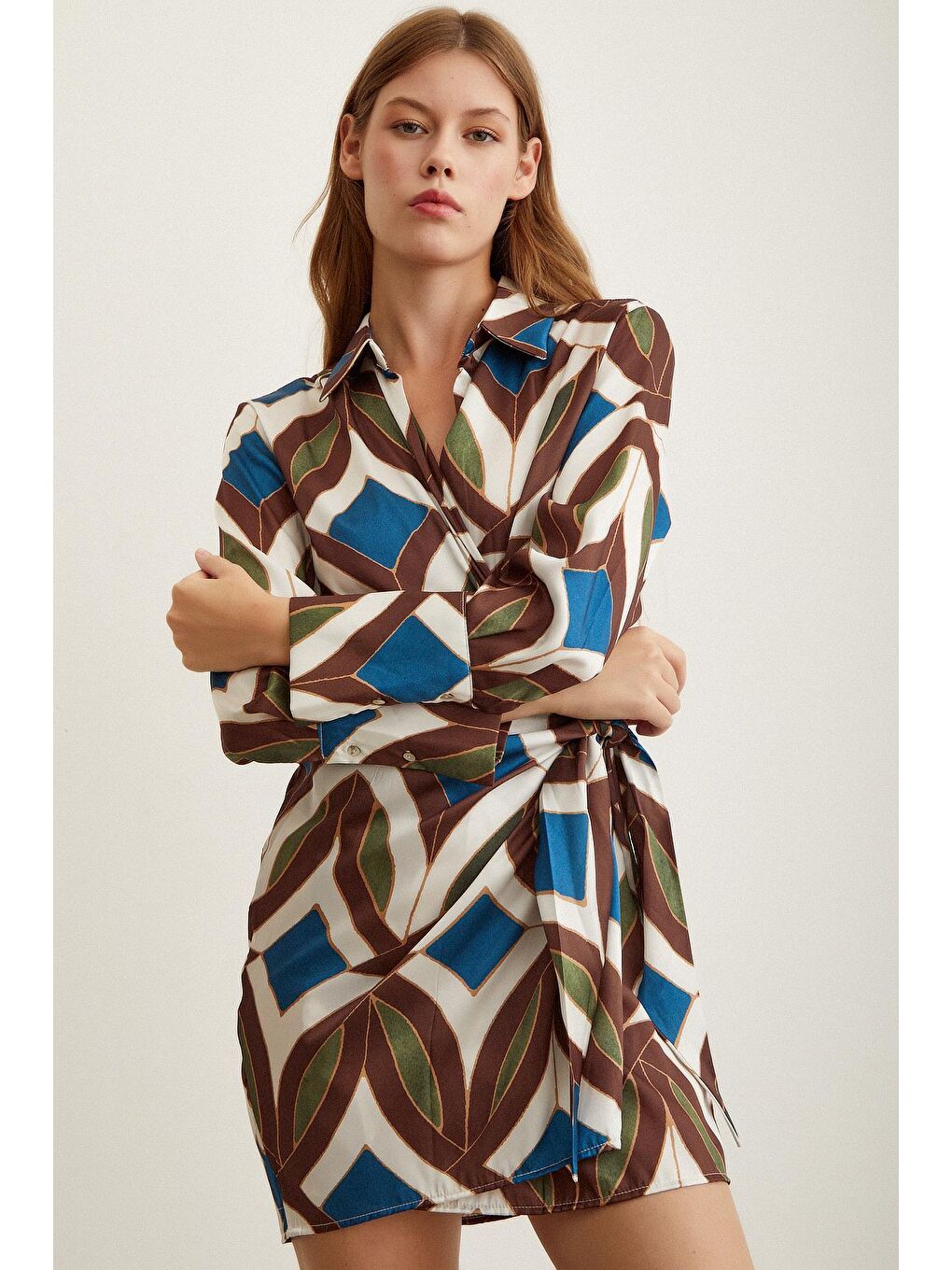 Kahverengi Kuşaklı Kruvaze Elbise-1