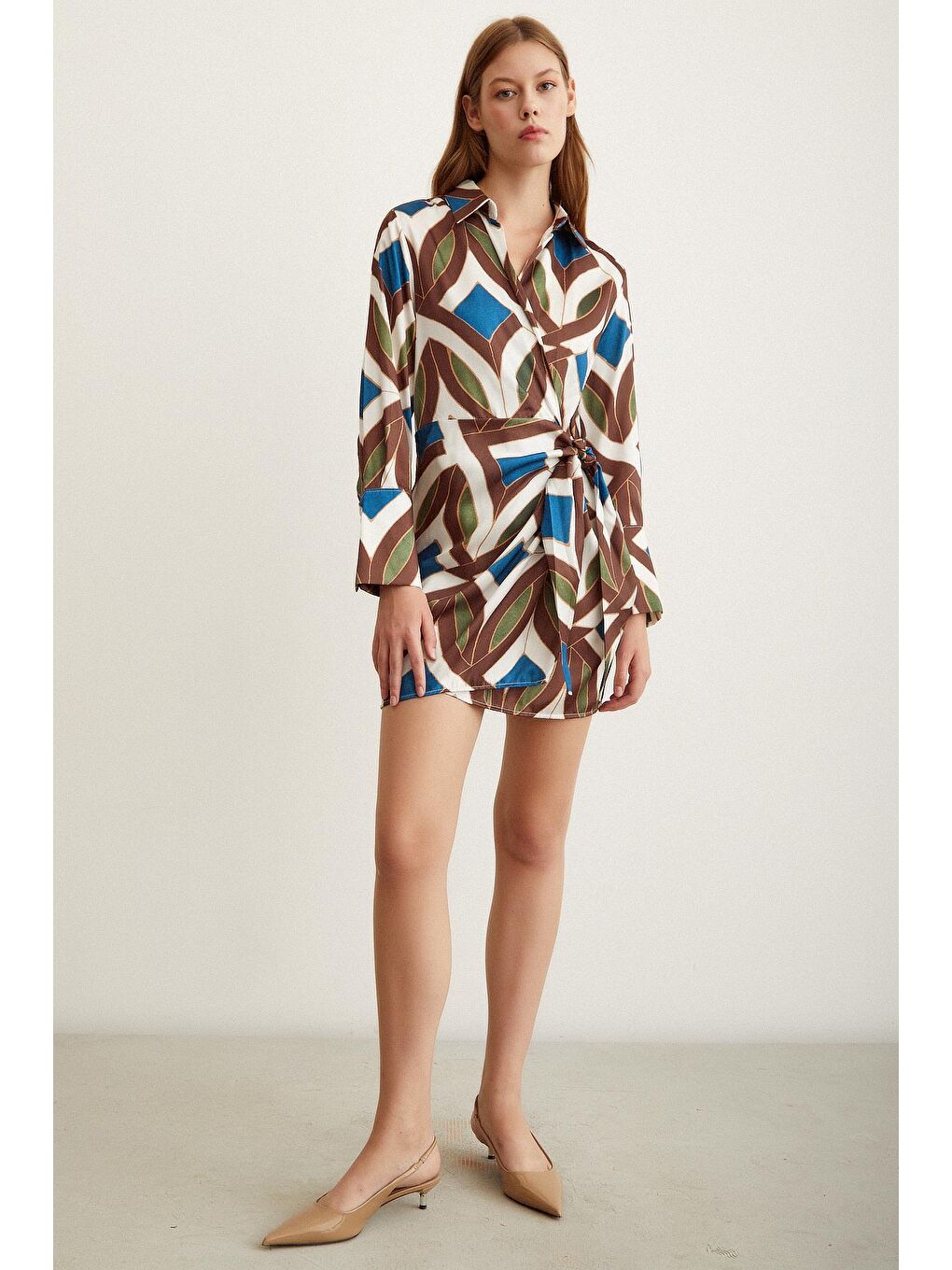 Kahverengi Kuşaklı Kruvaze Elbise-2