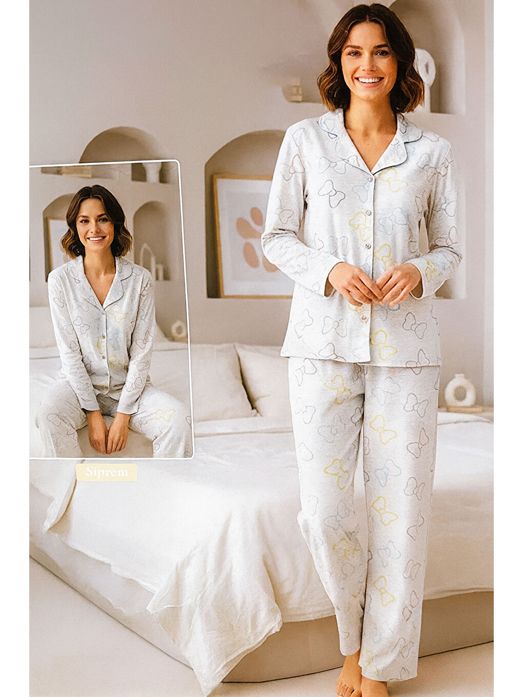Kadın Kurdele Desen Suprem Düğmeli Pijama Takımı 0520 Gri04-1