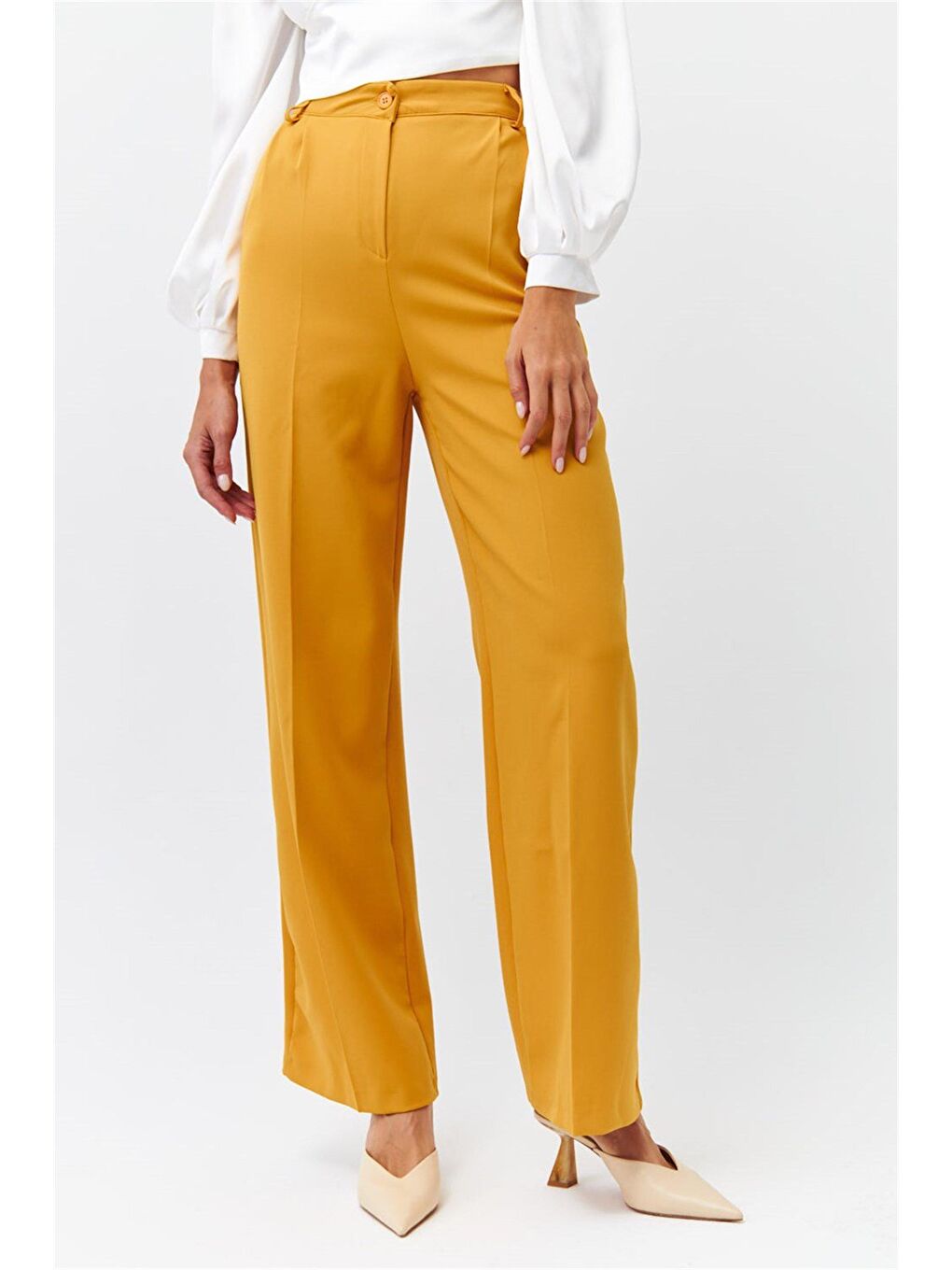 Sarı Pileli Palazzo Hardal Kadın Pantolon-2