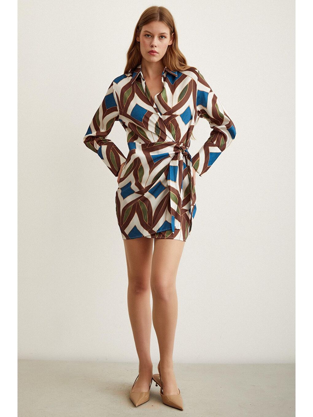 Kahverengi Kuşaklı Kruvaze Elbise-3