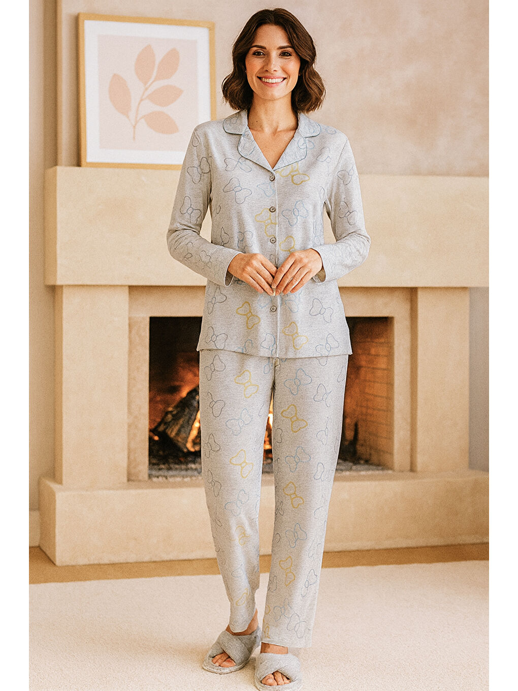 Kadın Kurdele Desen Suprem Düğmeli Pijama Takımı 0520 Gri04-2