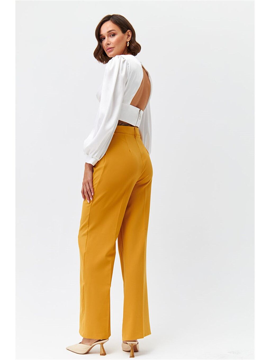 Sarı Pileli Palazzo Hardal Kadın Pantolon-3