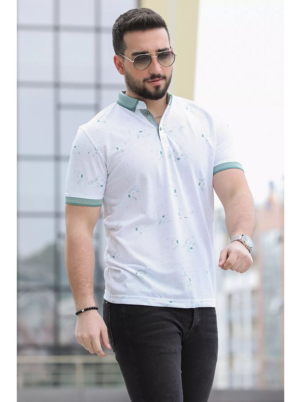 Beyaz Ön Yarım Düğmeli Desenli Polo Yaka Erkek Tişört-2