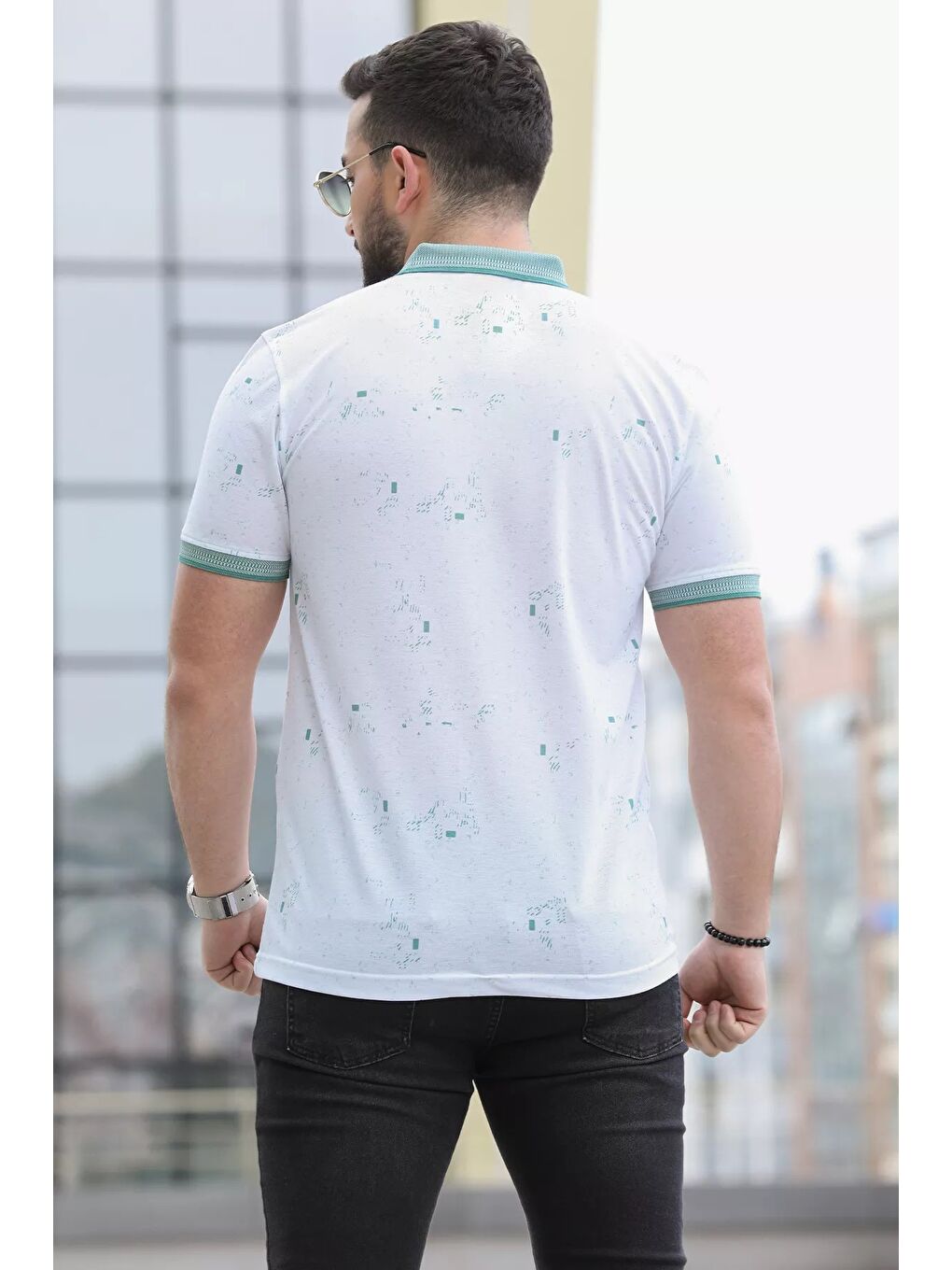 Beyaz Ön Yarım Düğmeli Desenli Polo Yaka Erkek Tişört-3