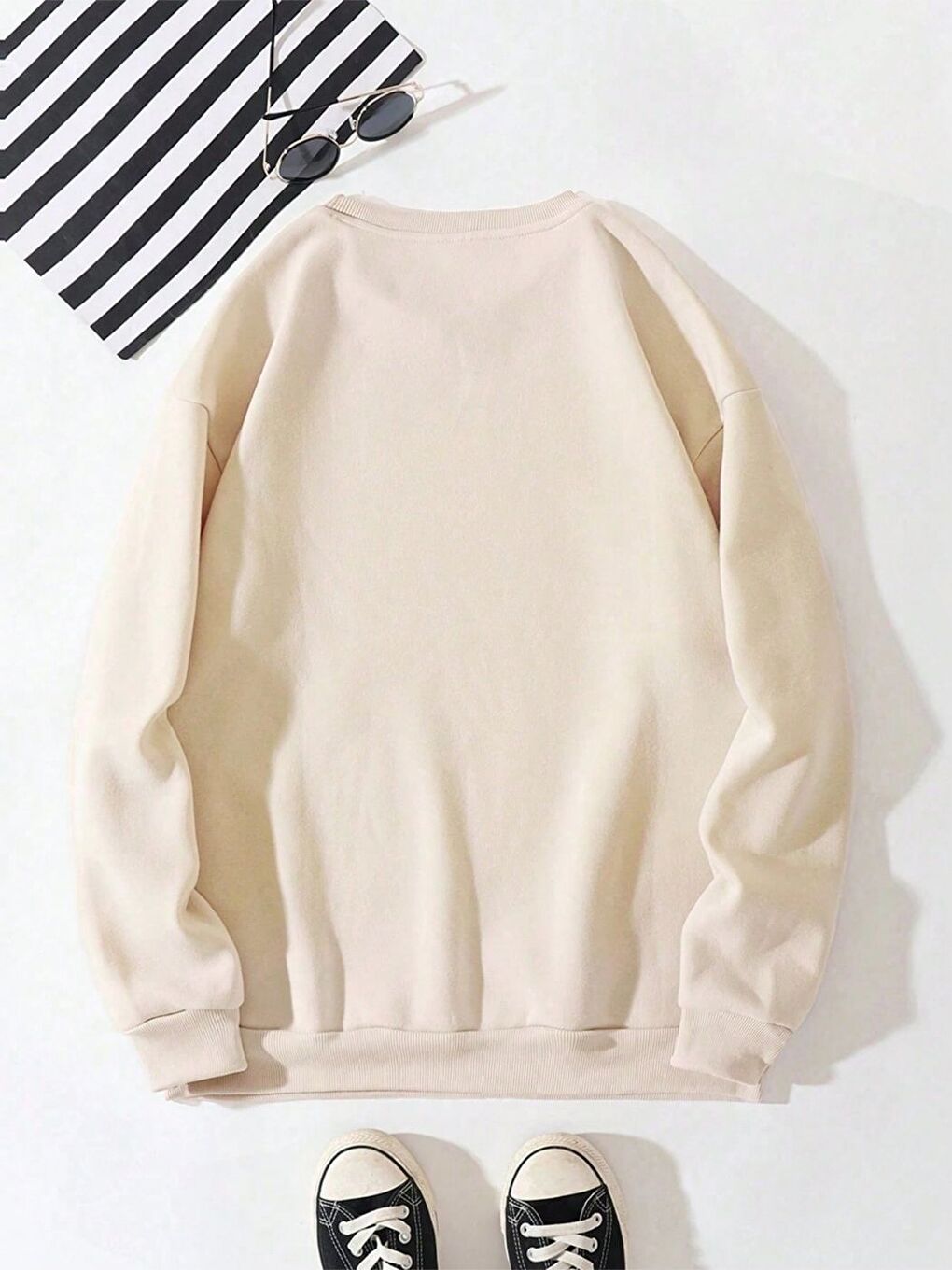 Erkek Bej Özel The Boston Baskılı Oversize Bisiklet Yaka Uzun Kollu Sweatshirt-1