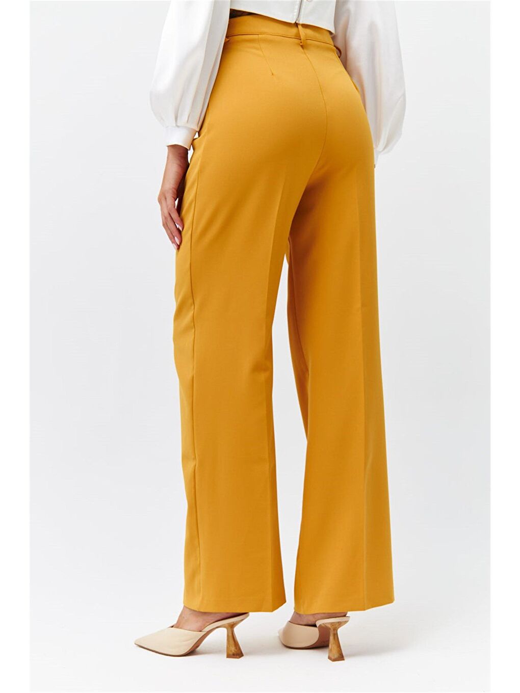 Sarı Pileli Palazzo Hardal Kadın Pantolon-4