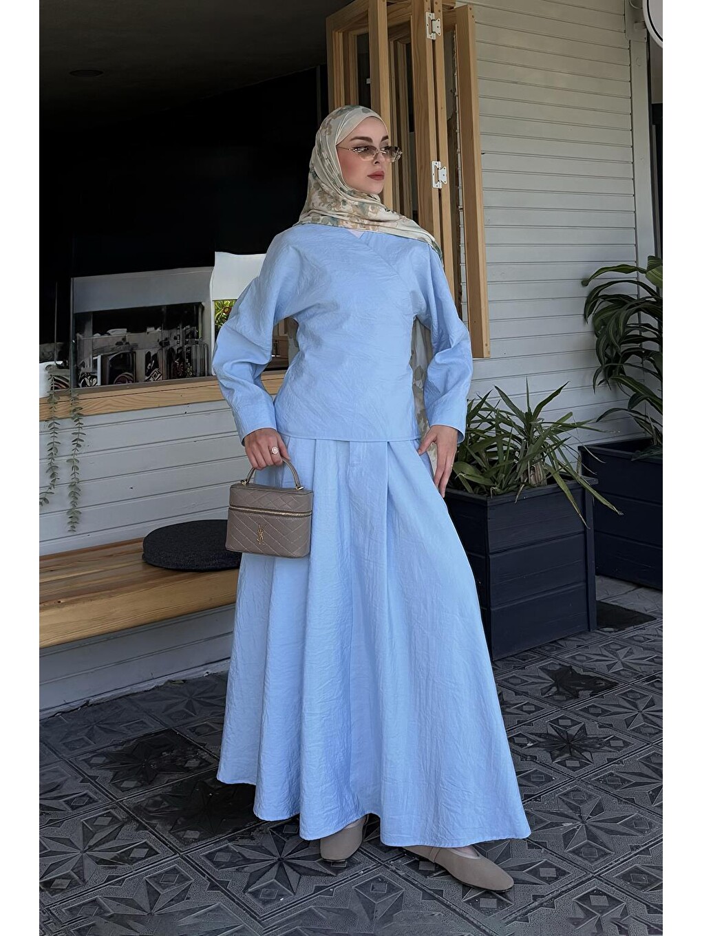 Bağlamalı Kimono Etek Takım Açık Mavi-5
