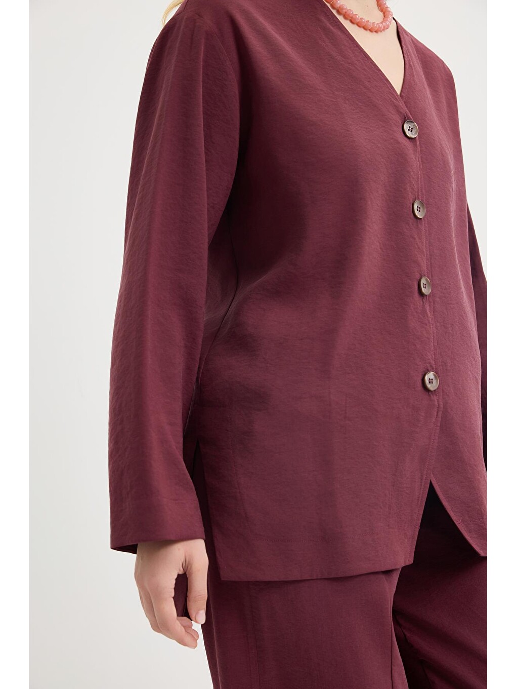 Düğmeli Modal Tunik Pantolon Takım Bordo-2