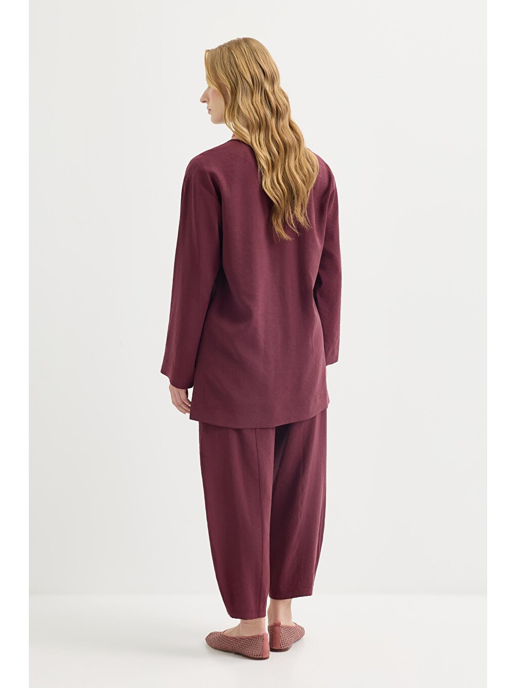 Düğmeli Modal Tunik Pantolon Takım Bordo-3