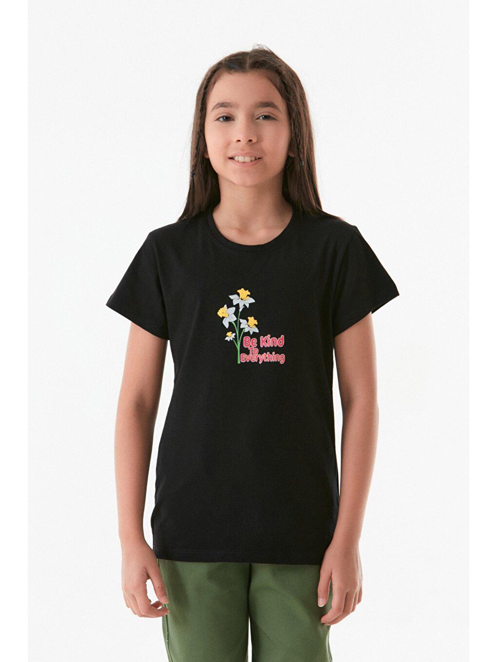Siyah Önü Ve Arkası Baskılı Kız Çocuk Tişört