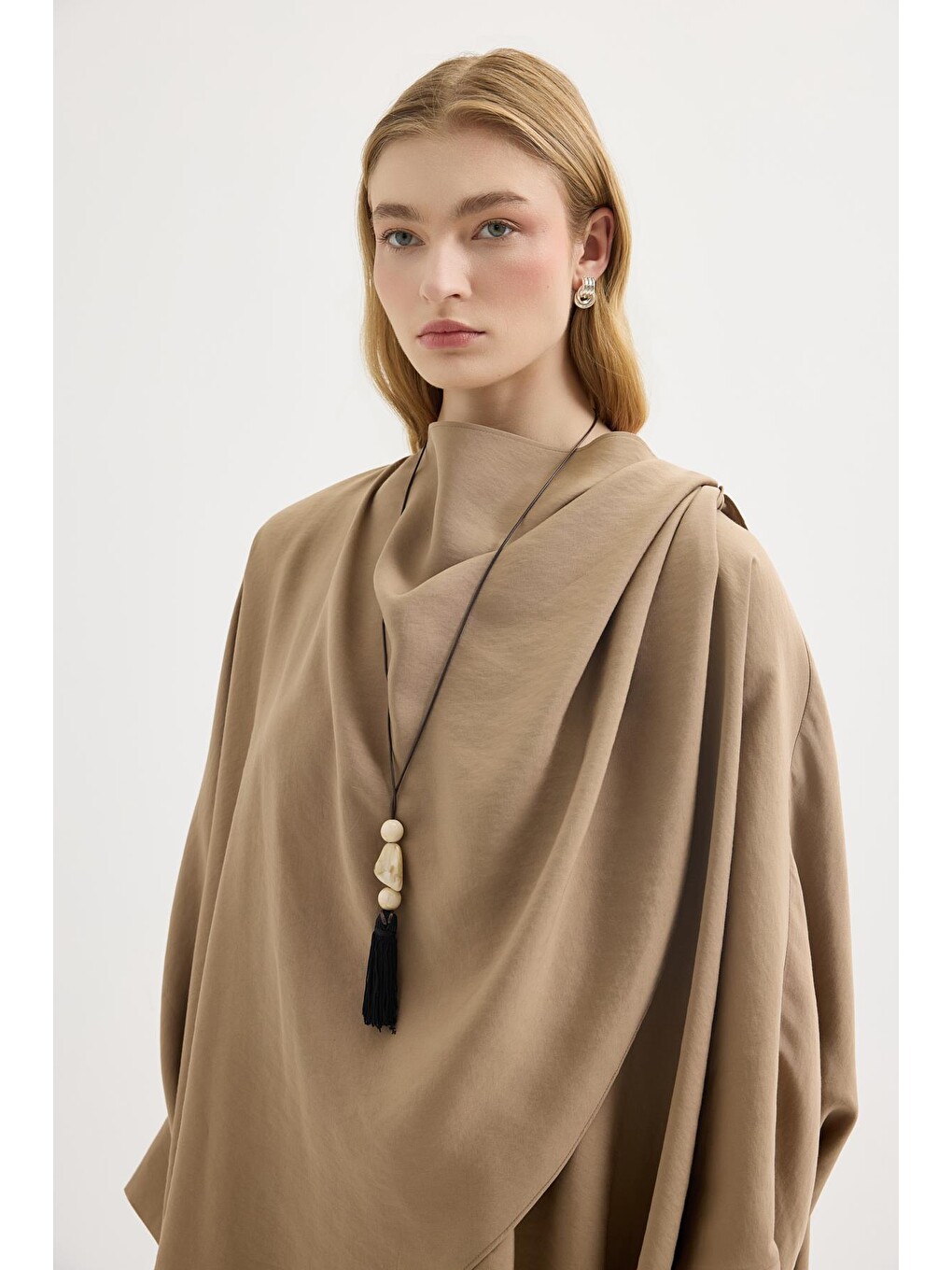 Kahverengi Şal Yaka Modal Tunik Pantolon Takım Camel-6