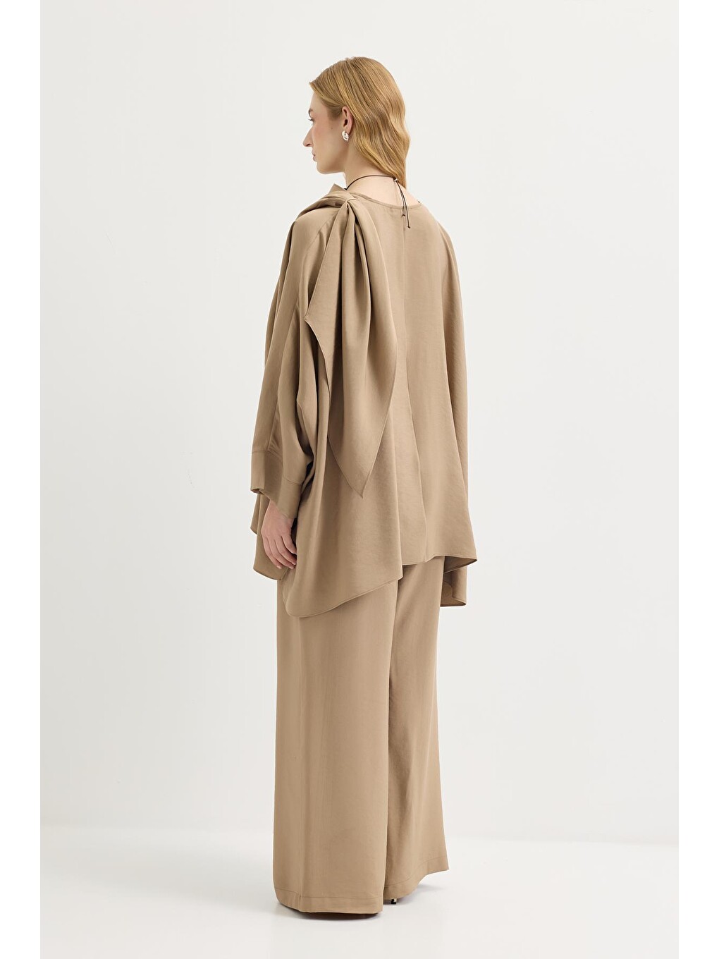 Kahverengi Şal Yaka Modal Tunik Pantolon Takım Camel-7
